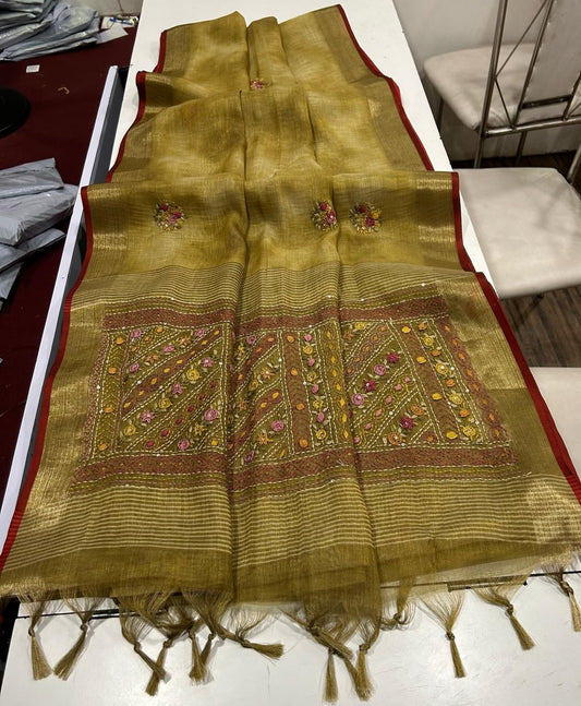Iraah Mustard Linen Tissue Saree