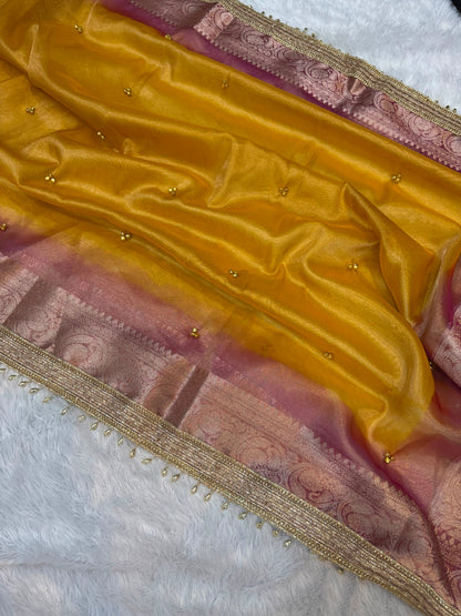 Madhur Ghungroo Yellow Blush Tissue Silk Saree