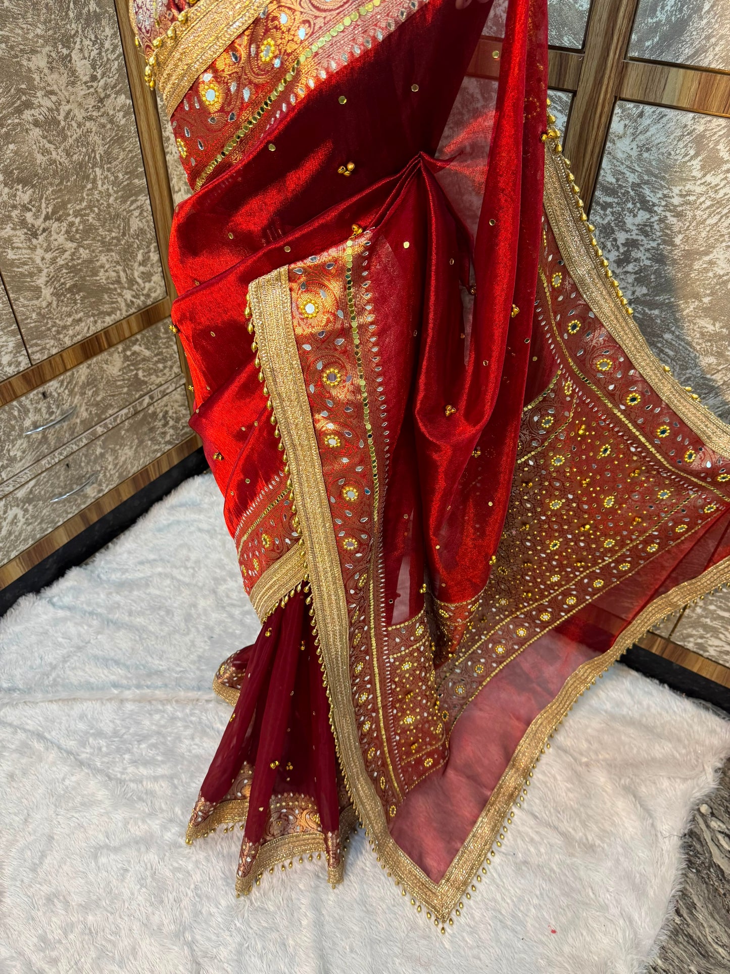 Ghungroo Red Tissue Silk Saree