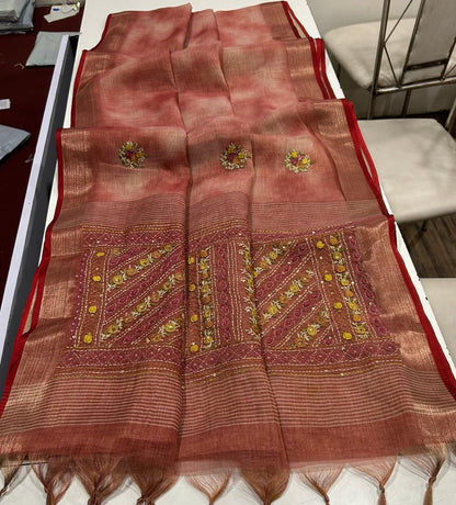 Iraah Peach Linen Tissue Saree