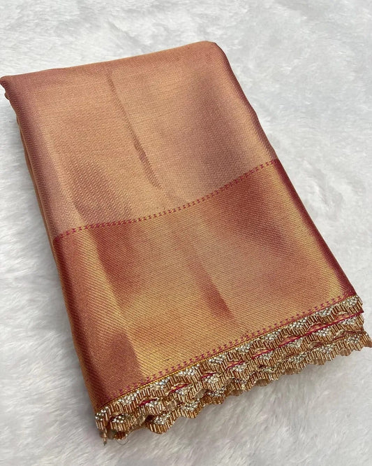 Zaria Rose Gold Banarasi Soft Kanchi Tissue Silk Saree