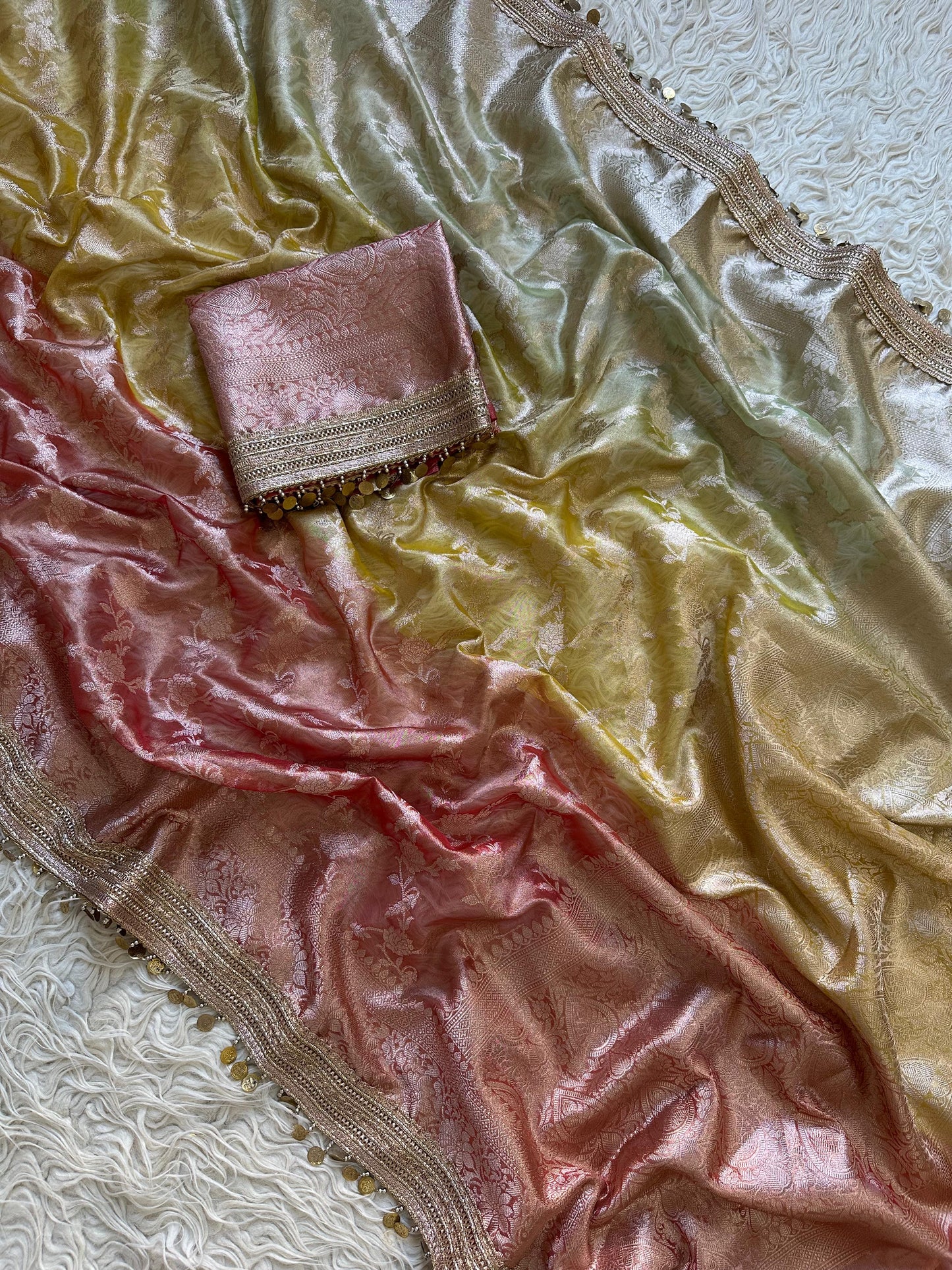Noorza Pastel Yellow & Peach Soft Glass Tissue Silk Saree