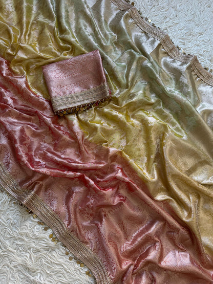 Noorza Pastel Yellow & Peach Soft Glass Tissue Silk Saree