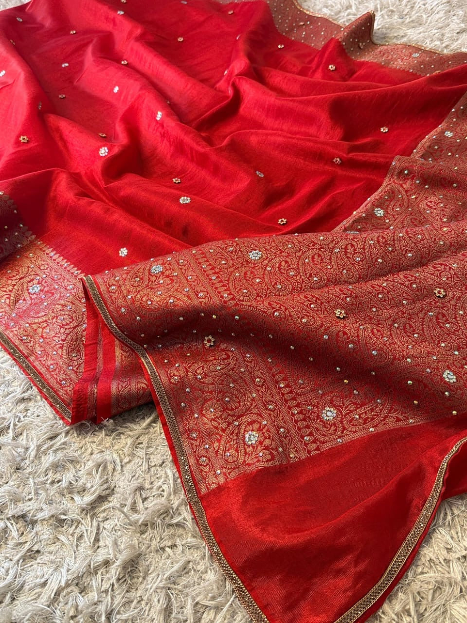 Laalima Ruby Red Banarasi Soft Tissue Silk Saree