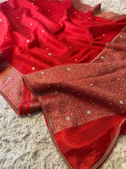 Laalima Ruby Red Banarasi Soft Tissue Silk Saree