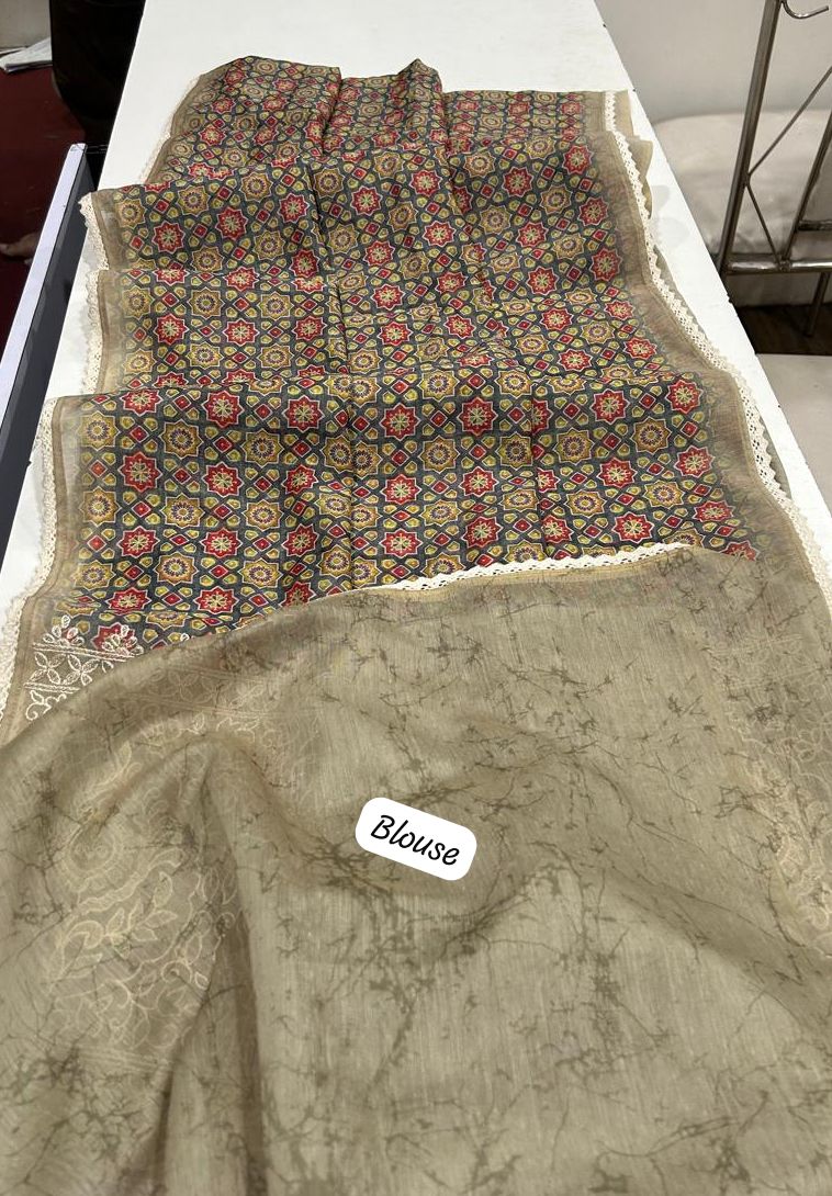 Noorvi Beige Chanderi Cotton Saree with Ajrakh Print