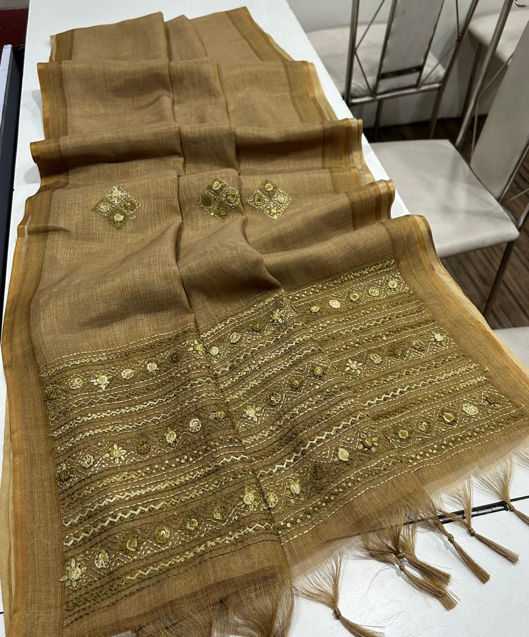 Kaavya Mustard Linen Tissue Saree
