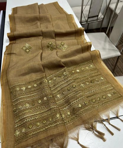 Kaavya Mustard Linen Tissue Saree
