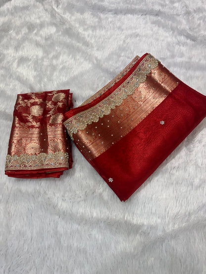 Gulnaar Red Tissue Silk Saree