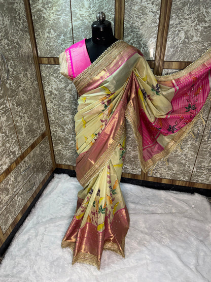 Avira Ivory & Rani Pink Banarasi Soft Tissue Silk Saree