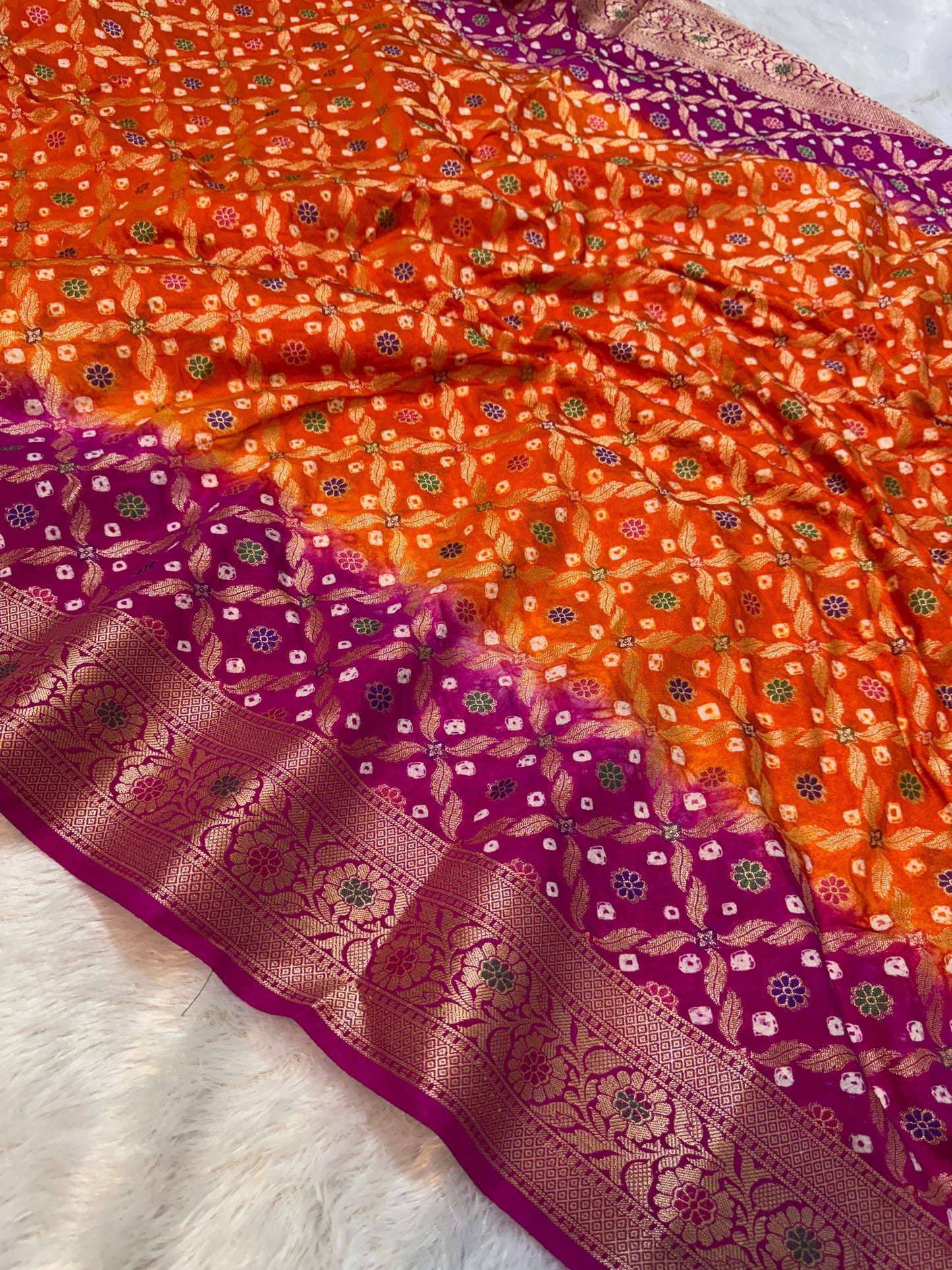 Bandini Orange & Magenta Banarasi Soft Bandhej Warm Silk Saree