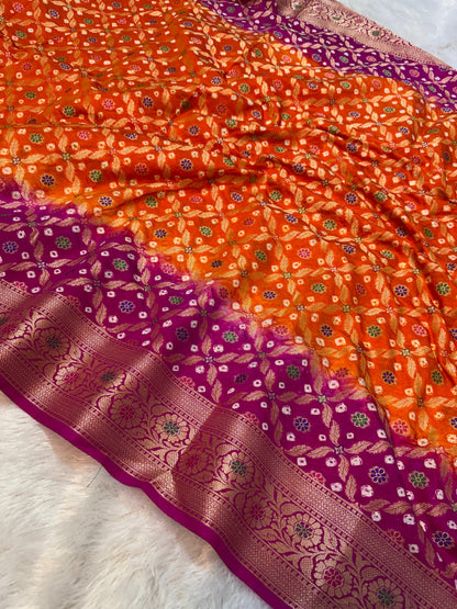 Bandini Orange & Magenta Banarasi Soft Bandhej Warm Silk Saree