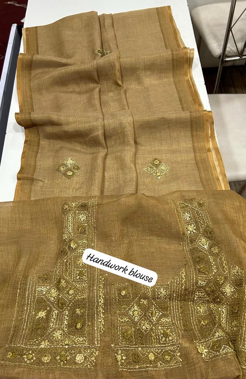 Kaavya Mustard Linen Tissue Saree