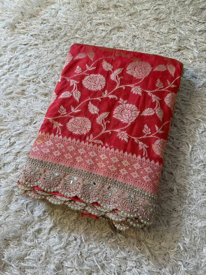 Mahnoor Coral Red Banarasi Soft Mashru Katan Silk Saree