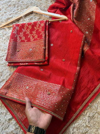 Laalima Ruby Red Banarasi Soft Tissue Silk Saree