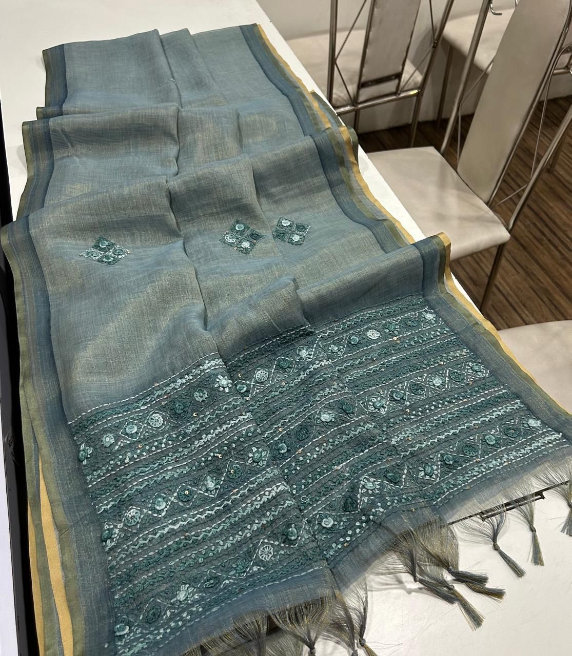 Kaavya Teal Linen Tissue Saree