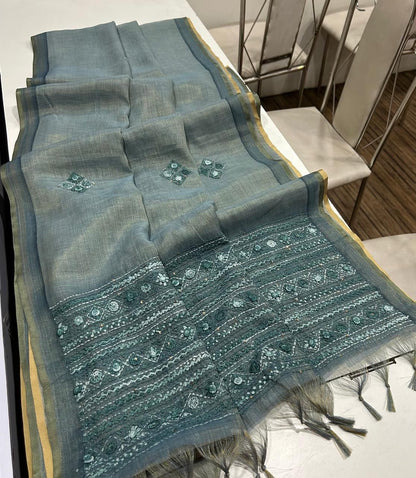 Kaavya Teal Linen Tissue Saree