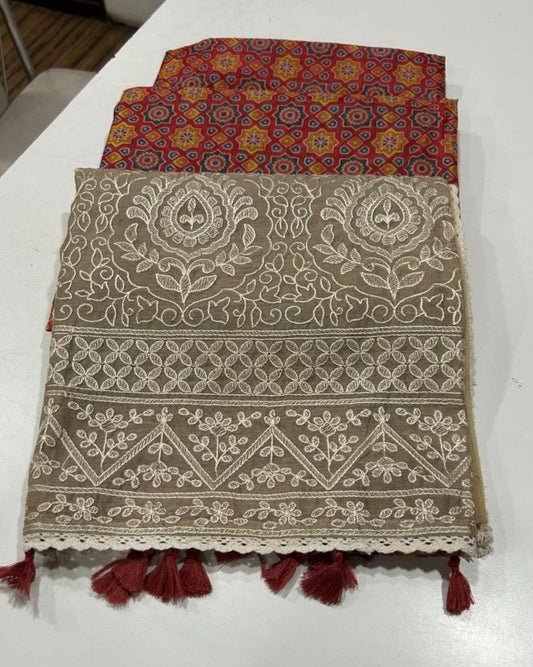 Noorvi Red Chanderi Cotton Saree with Ajrakh Print