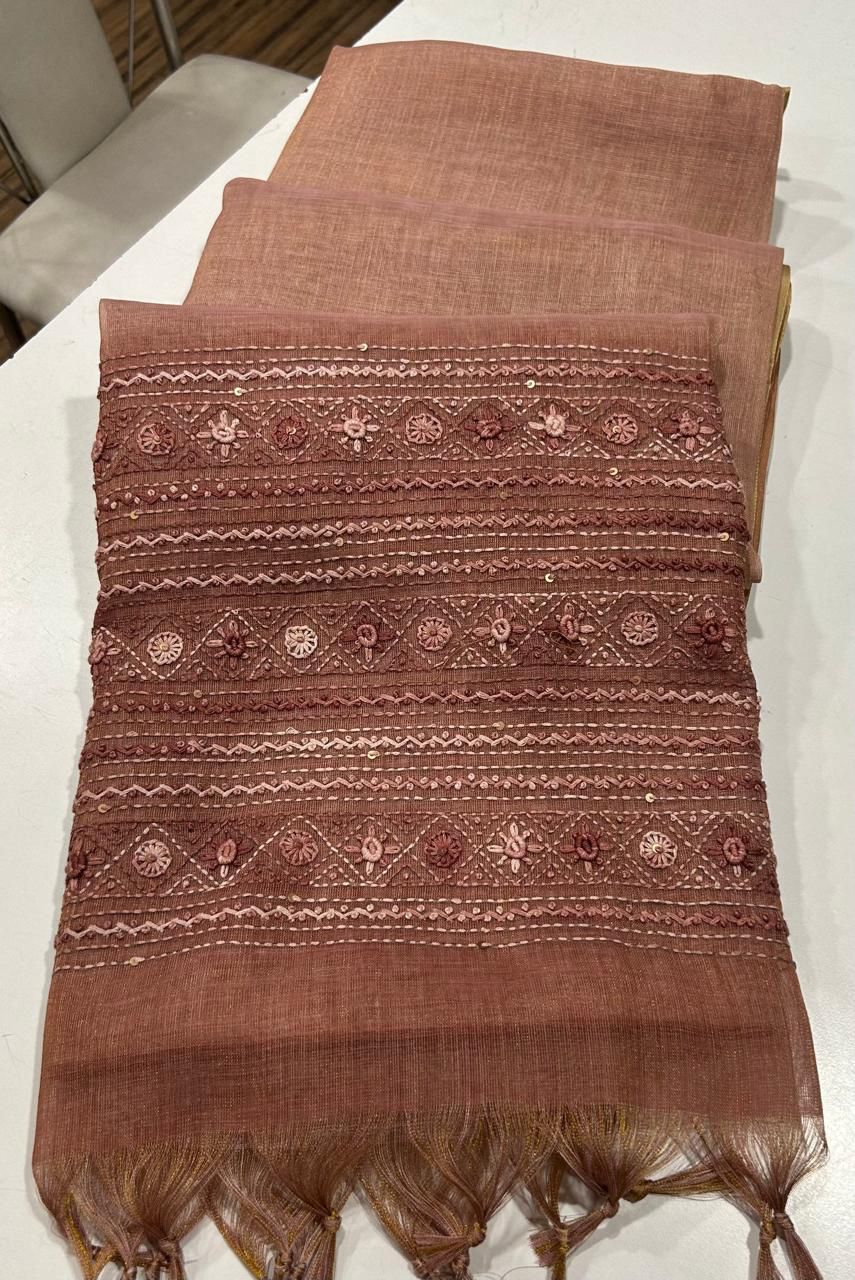 Kaavya Brown Linen Tissue Saree