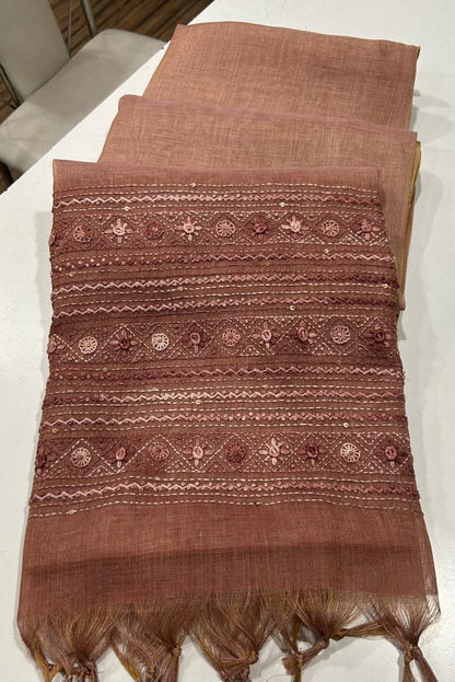Kaavya Brown Linen Tissue Saree