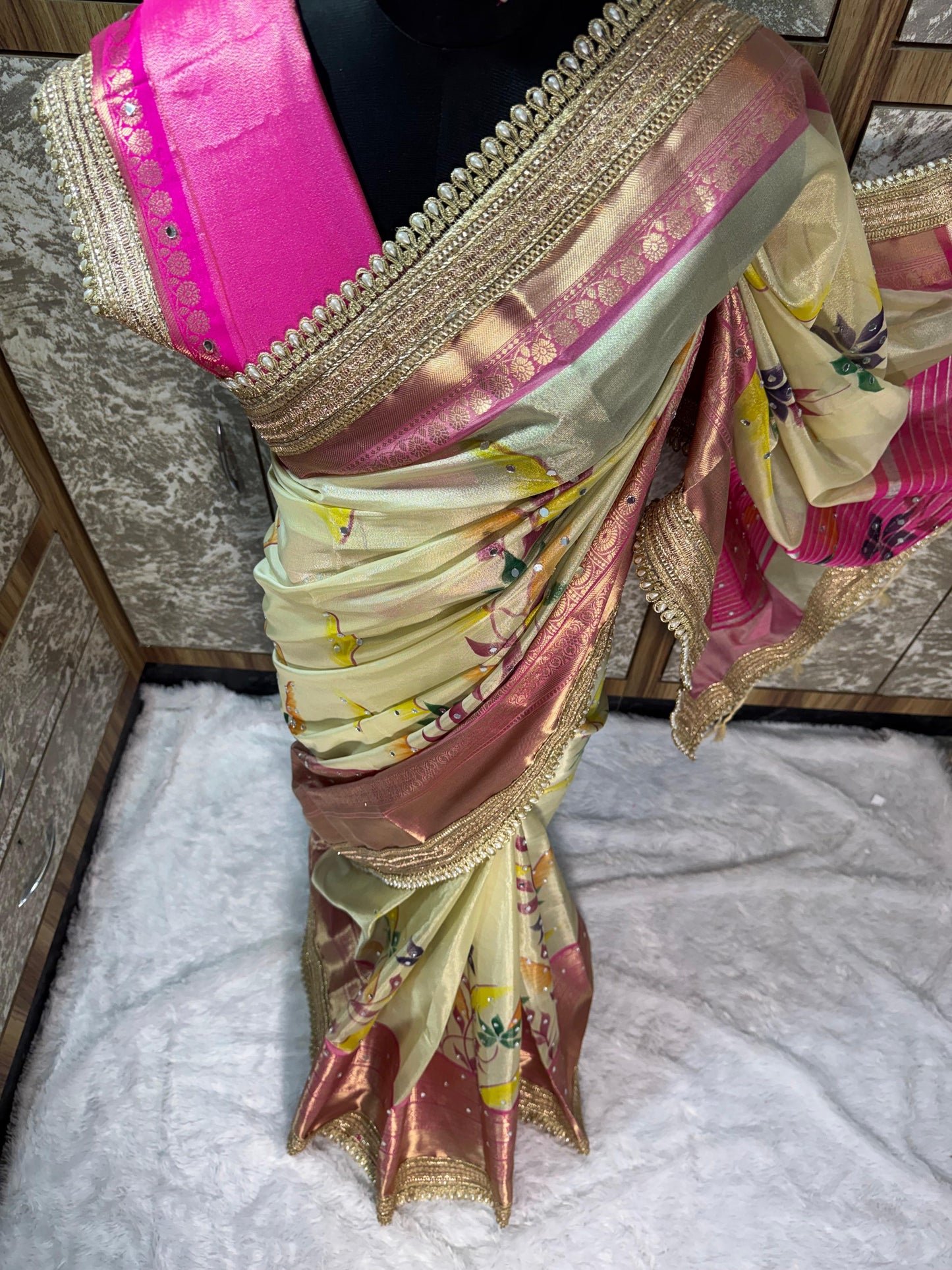 Avira Ivory & Rani Pink Banarasi Soft Tissue Silk Saree