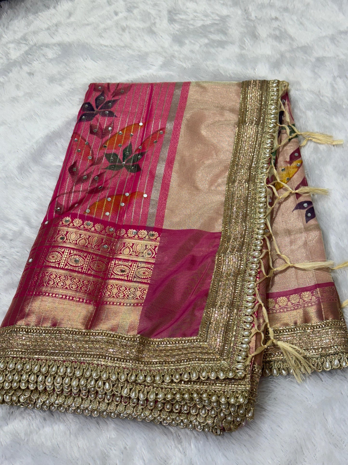 Avira Ivory & Rani Pink Banarasi Soft Tissue Silk Saree