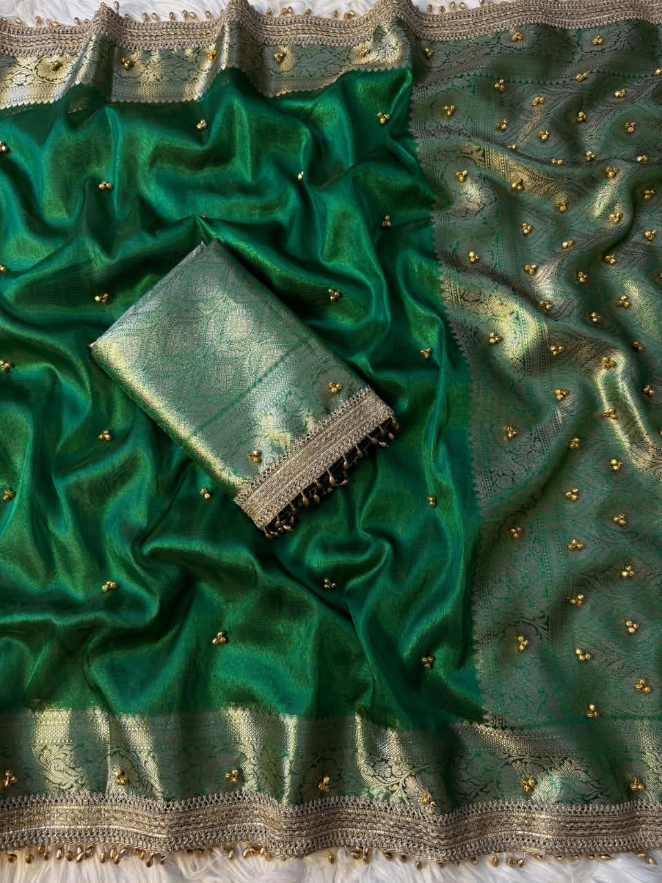 Kaya Ghungroo Green Tissue Silk Saree