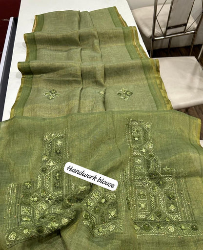 Kaavya Green Linen Tissue Saree