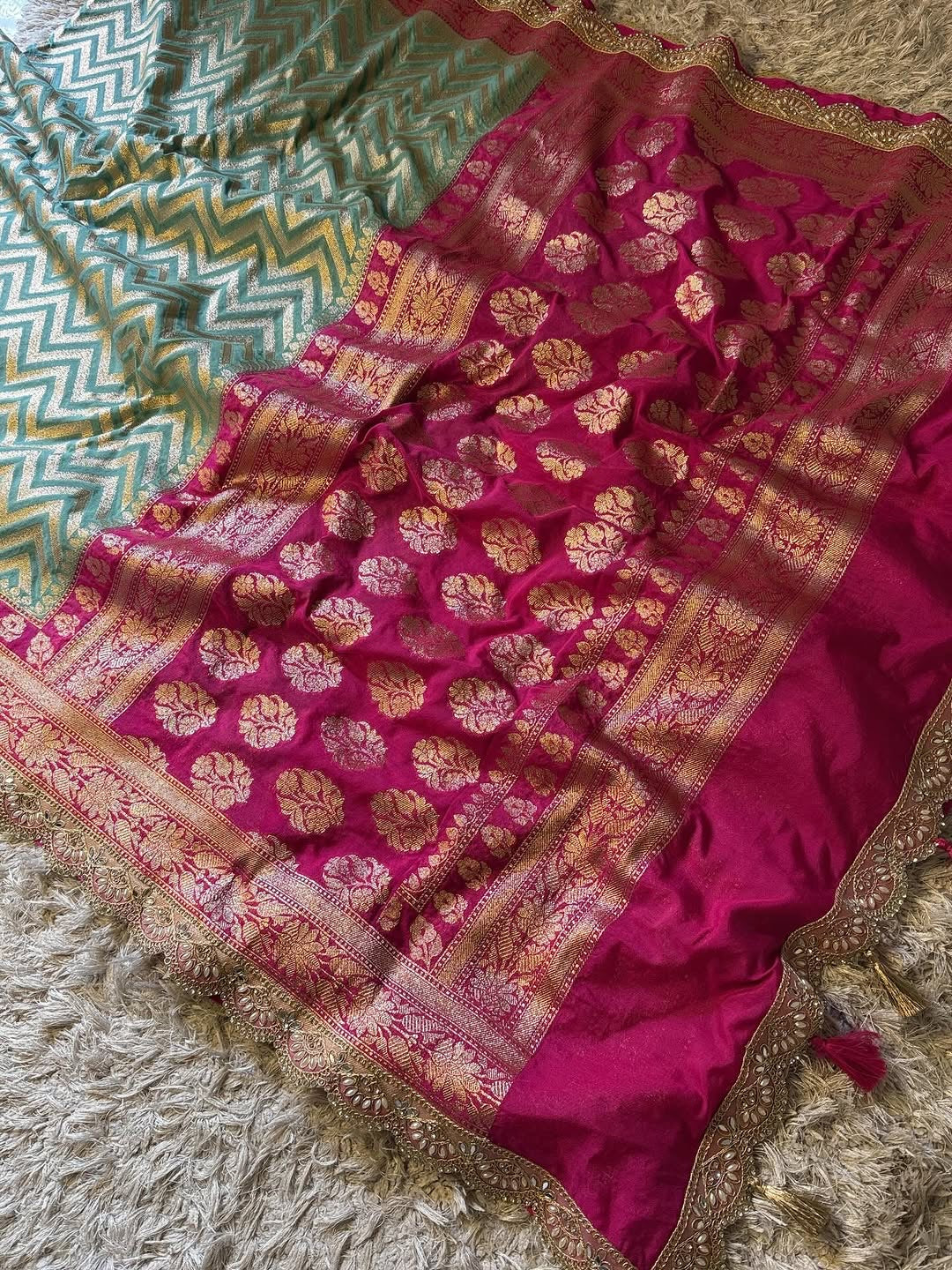 Saanvi Pink & Green Katan Georgette Silk Saree