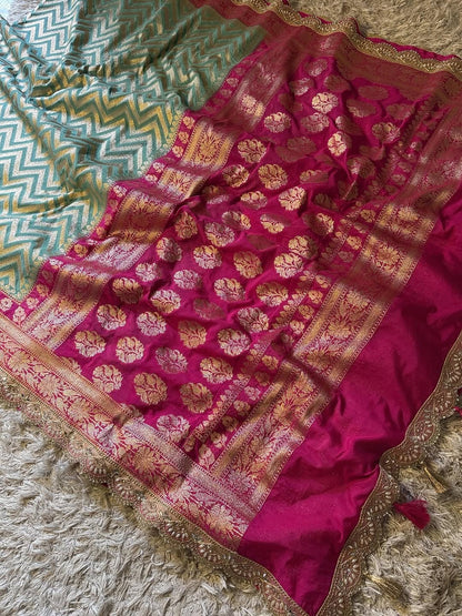 Saanvi Pink & Green Katan Georgette Silk Saree
