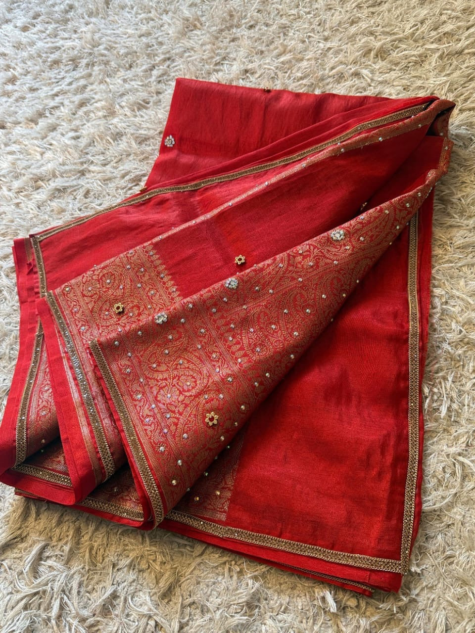 Laalima Ruby Red Banarasi Soft Tissue Silk Saree