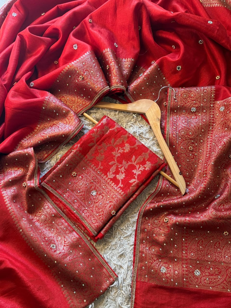 Laalima Ruby Red Banarasi Soft Tissue Silk Saree