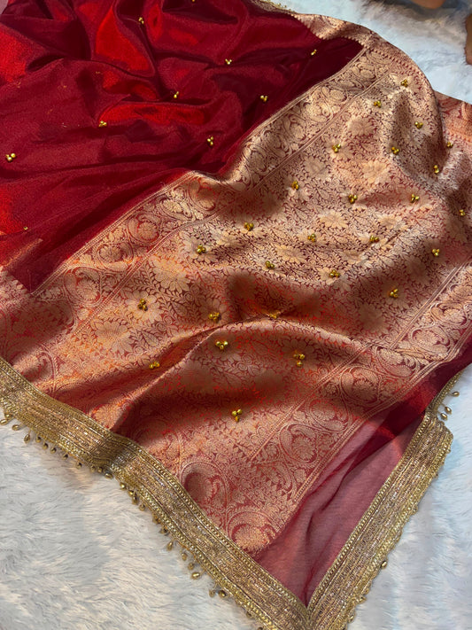 Madhur Ghungroo Red Tissue Silk Saree