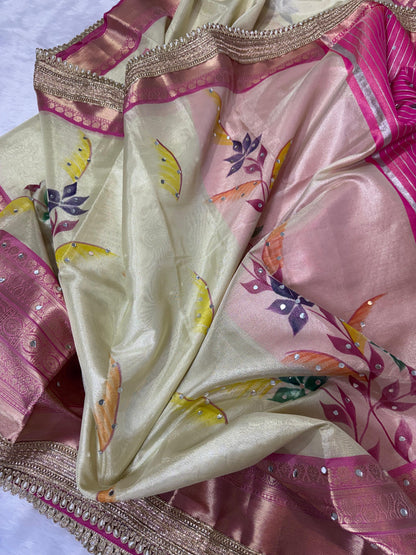 Avira Ivory & Rani Pink Banarasi Soft Tissue Silk Saree