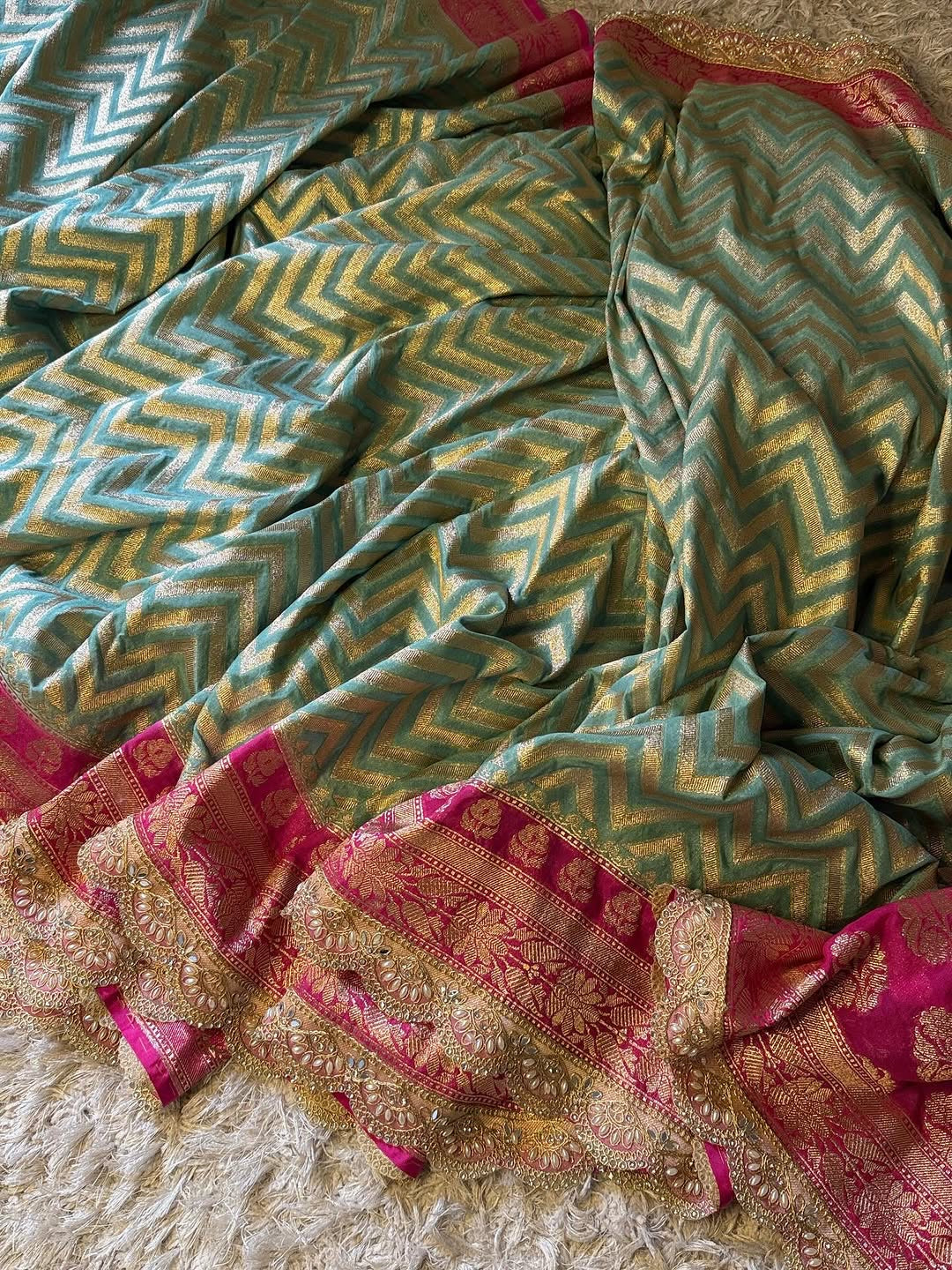 Saanvi Pink & Green Katan Georgette Silk Saree