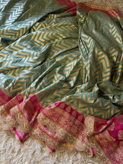 Saanvi Pink & Green Katan Georgette Silk Saree