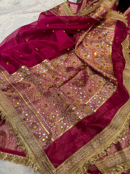 Anura Ghungroo Red Tissue Silk Saree