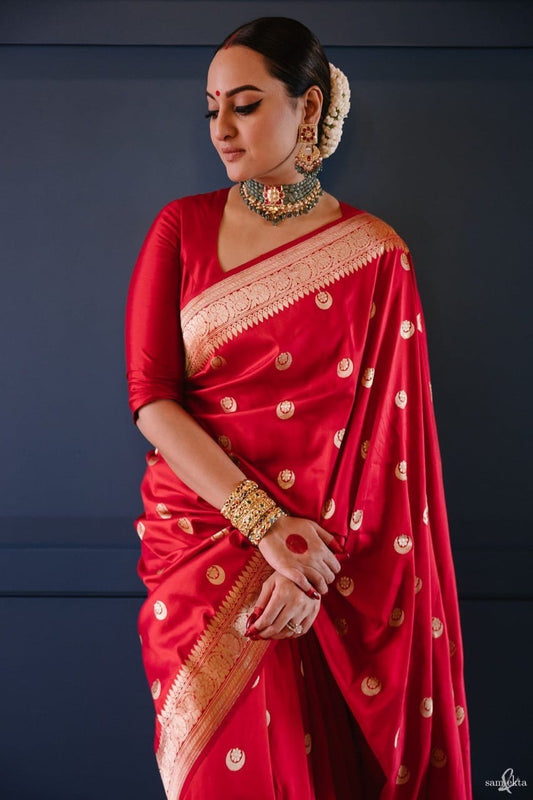 Rangrez Sonakshi Sinha inspired Red Mashru Katan Silk Saree