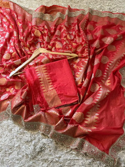Mahnoor Coral Red Banarasi Soft Mashru Katan Silk Saree