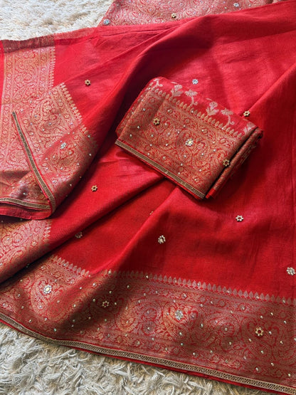 Laalima Ruby Red Banarasi Soft Tissue Silk Saree