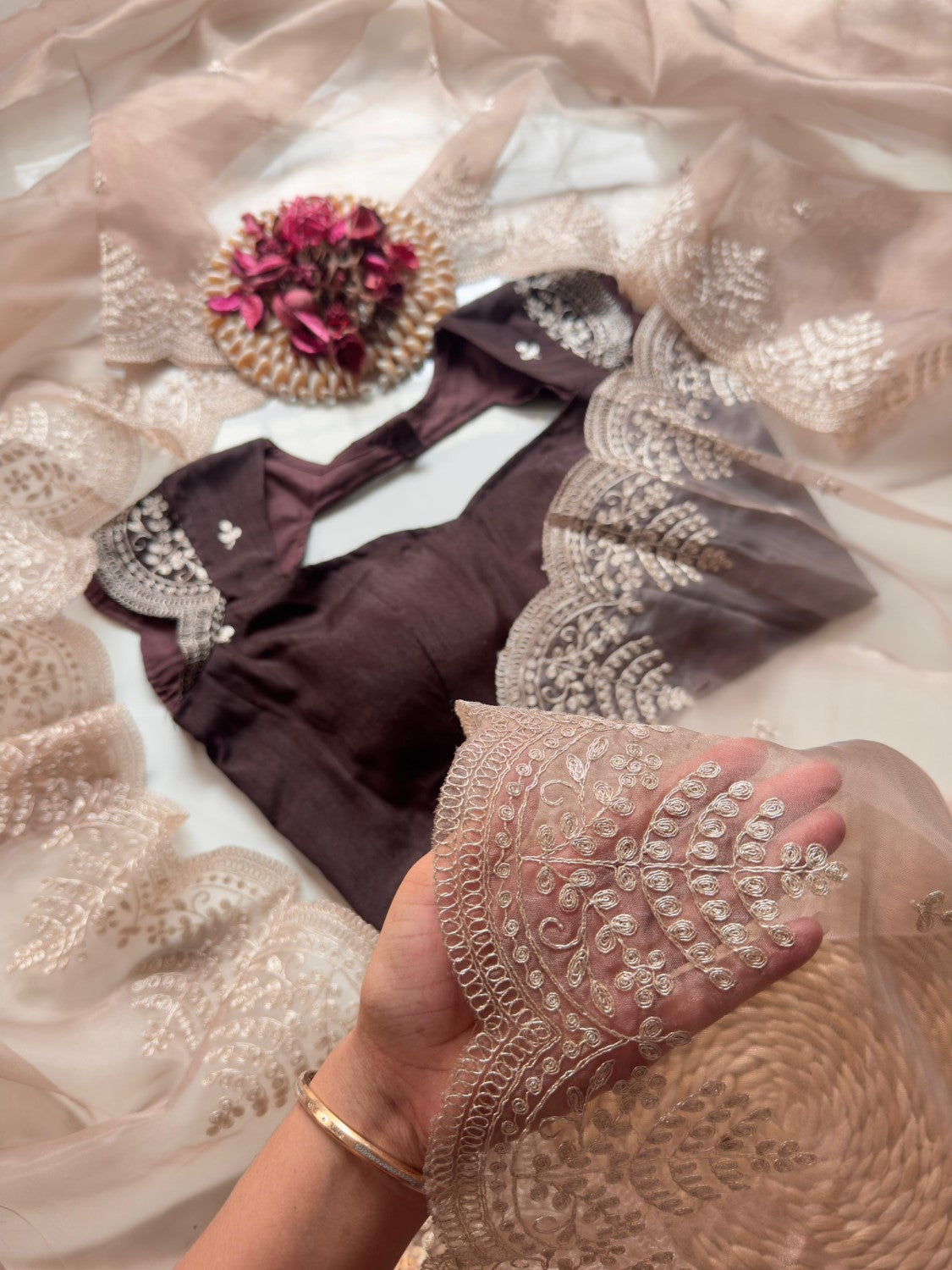 Jariq Beige Organza Tissue Saree