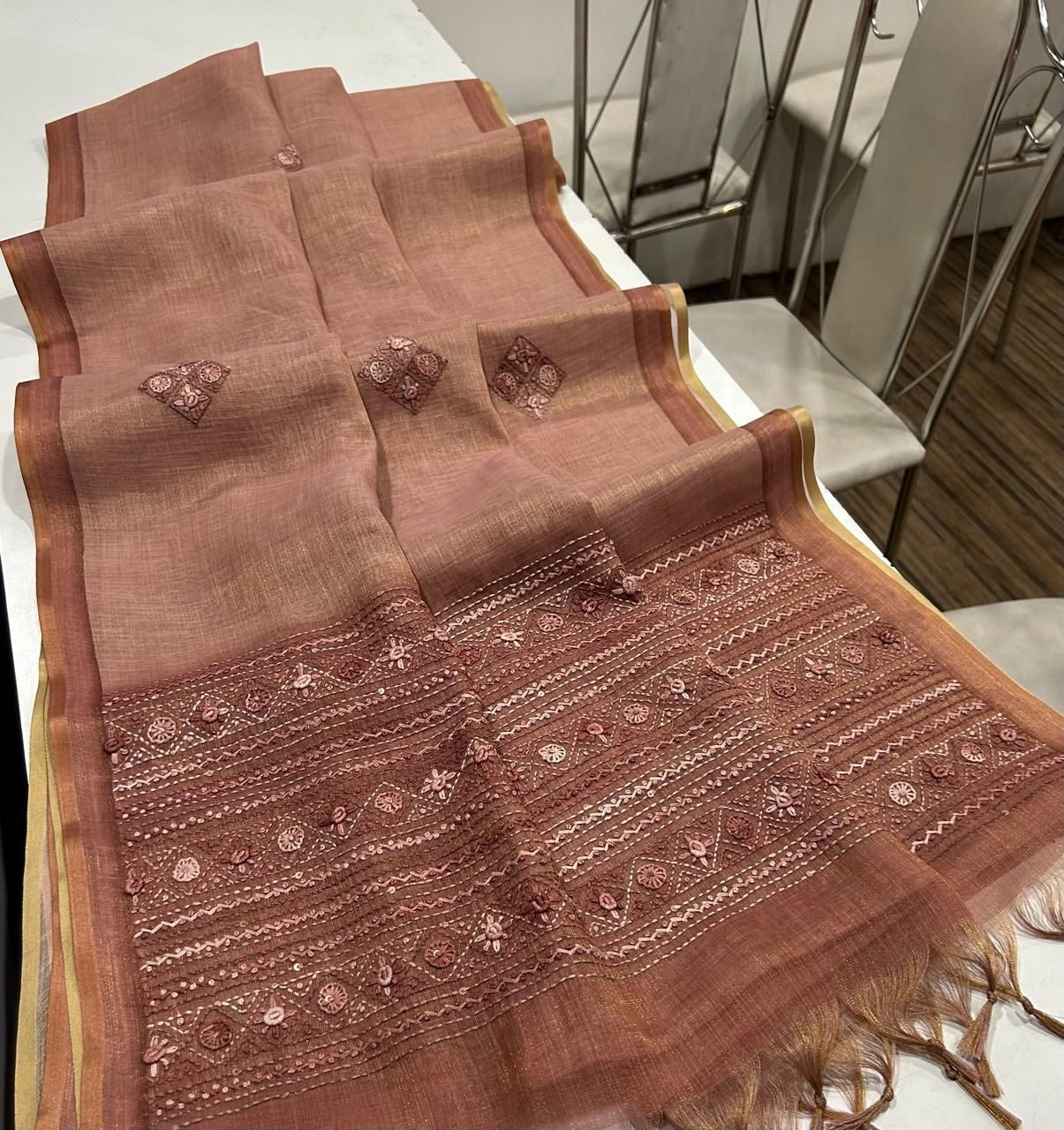 Kaavya Brown Linen Tissue Saree