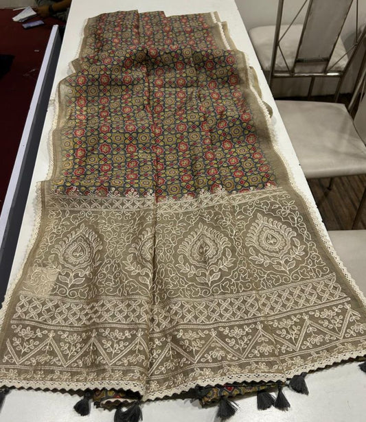 Noorvi Beige Chanderi Cotton Saree with Ajrakh Print
