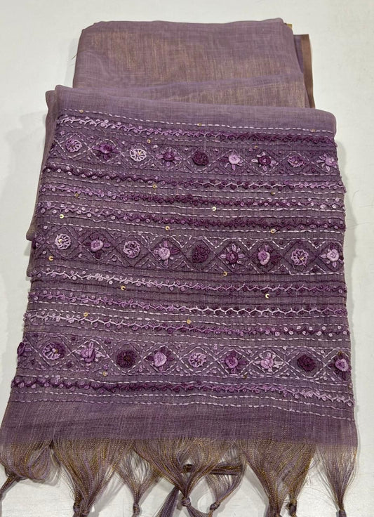 Kaavya Purple Linen Tissue Saree