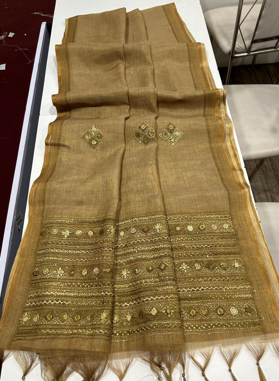 Kaavya Mustard Linen Tissue Saree