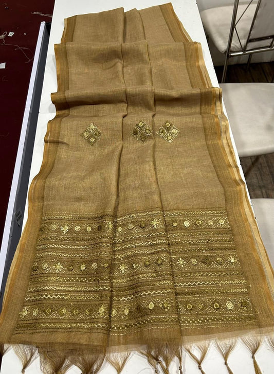 Kaavya Mustard Linen Tissue Saree