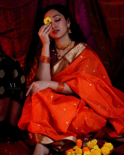 Sharada Orange Semi Gadwal Silk Saree