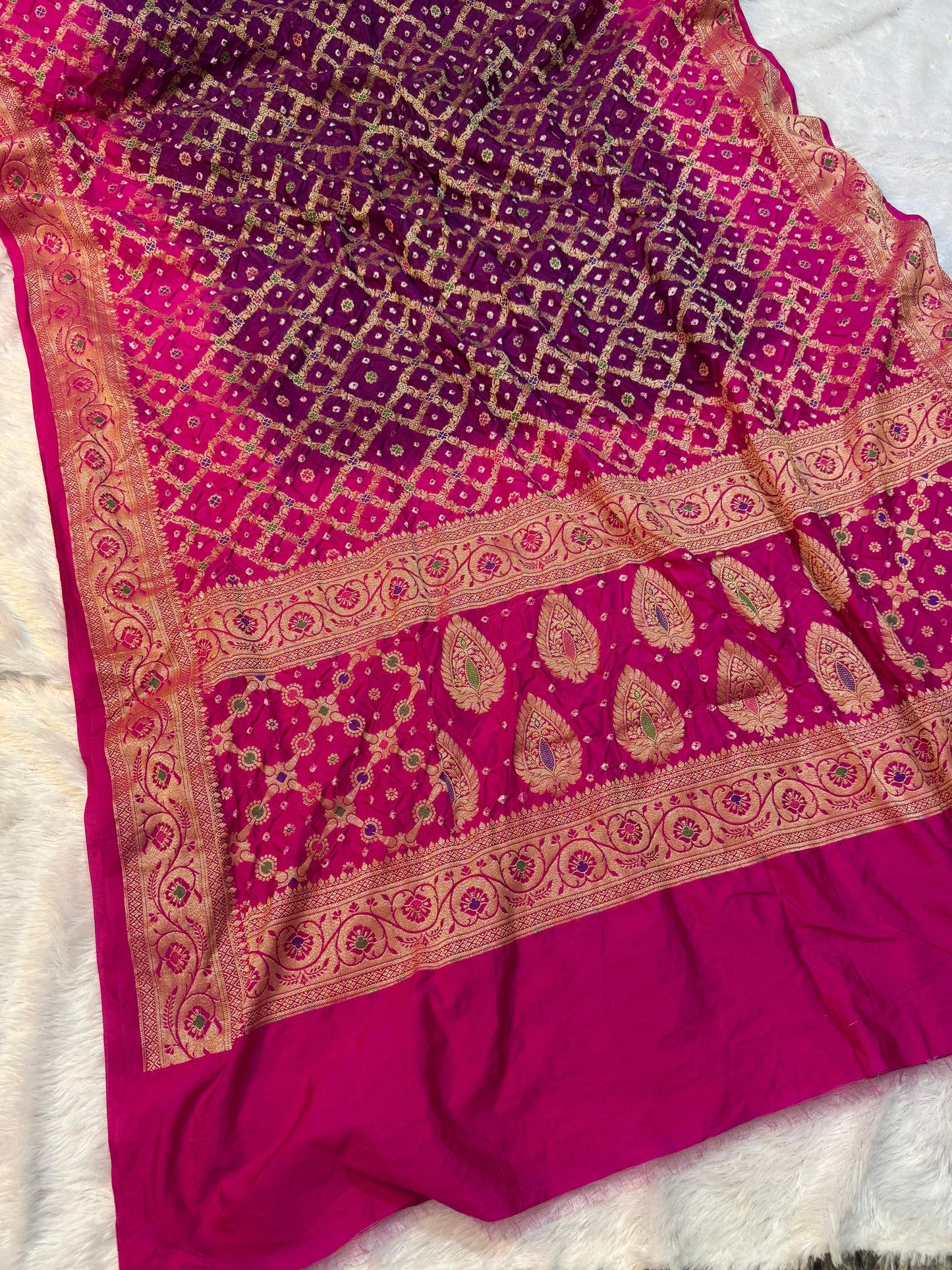 Bandini Rani Pink & Magenta Banarasi Soft Bandhej Warm Silk Saree