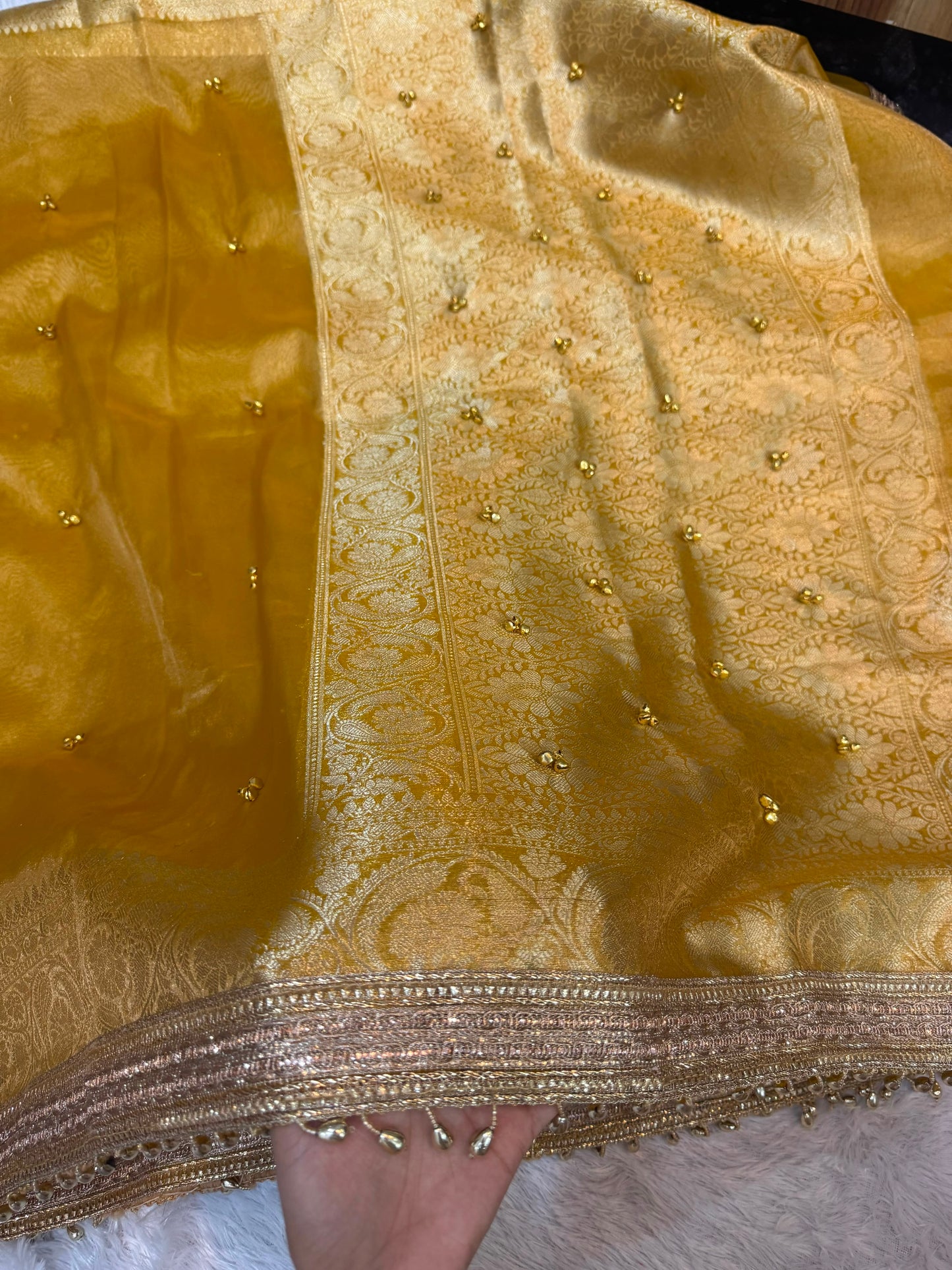 Madhur Ghungroo Yellow Tissue Silk Saree