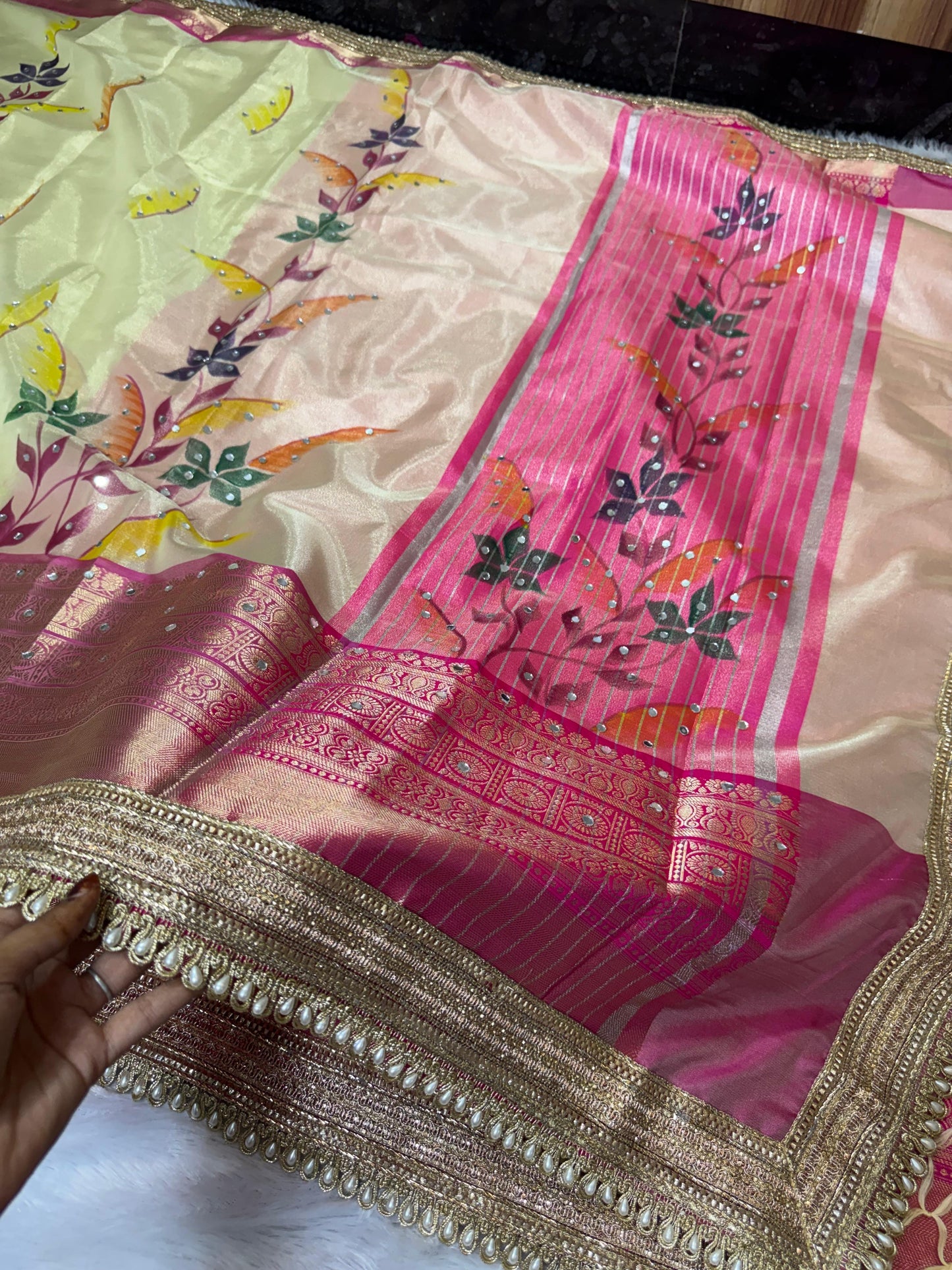 Avira Ivory & Rani Pink Banarasi Soft Tissue Silk Saree